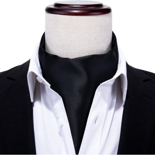 Ascot Tie For Men Black Solid Silk Blue Scarf Tie Suit Mens Necktie Jacquard Set Pocket Square Cufflinks Barry.Wang AS-010