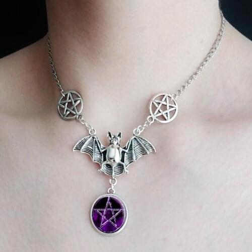 Pentagram Gothic Bat Pendant Necklace Wikan Witch Jewelry Punk Style Halloween Gift