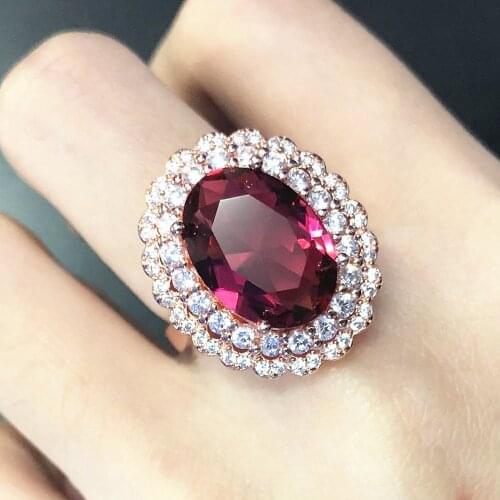 Big red crystal ruby gemstones diamonds rings for women 18k rose gold color luxury jewelry bijoux bague party accessory gifts