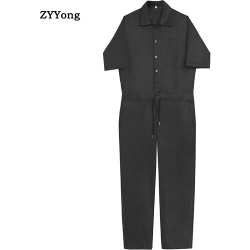 Men Jumpsuits Casual Loose Short Sleeve Joggers Streetwear Hip Hop Fashion Straight Cargo Pants Rompers Overalls Black Trousers
