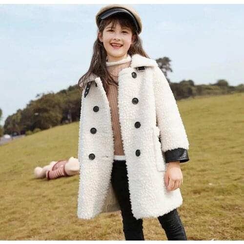4-14 Years Kids Lambswool Jacket For Girls Long Double Breasted Coat For Girls Beige Red Fashion Teen Childrens Jacket Outwear