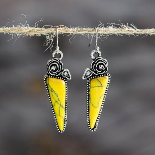 Fashion Bohemia Geometric Yellow Stone Statement Drop Earrings for Women Vintage Flower Triangle Pendant Indian Earrings