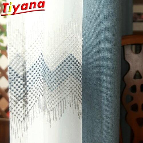 Fashion Geometric Embroidery Tulle Curtain for Living Room Nordic Modern Blue Simple Water Ripple Window Drapes Bedroom HM172#ST
