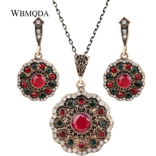 2 Pcs/lot Ethnic Colorful Crystal Bridal Jewelry Sets Bohemian Jewelery Vintage Flower Statement Necklace Earrings For Women