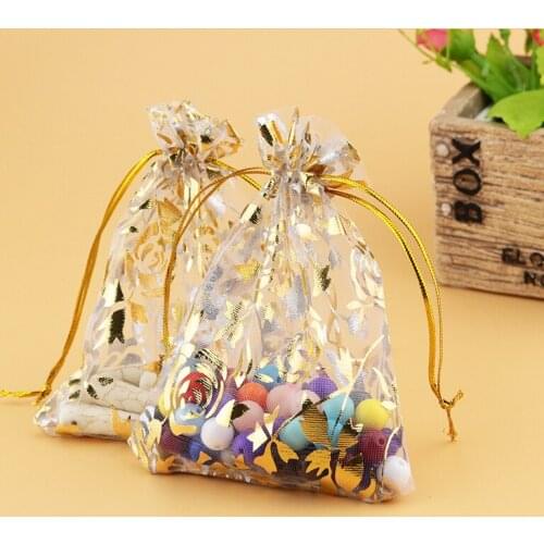 Wholesale 200pcs/lot White Organza Bag 15x20cm Wedding Jewelry Packaging Pouches Gold Rose Printed Nice Gift Bags