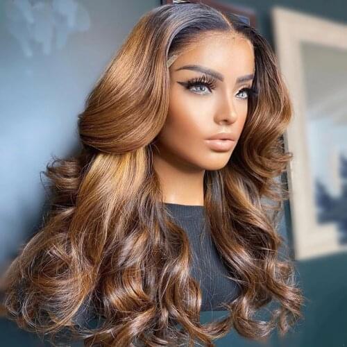 Wig 100%Human Hair Ombre Dark Brow Loose Wave Lace Front Wigs 13*4 Lace Wig with Dark Roots Bleached Knots For Women
