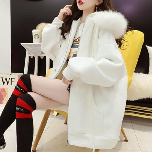 Casual Plush Thicken Warm Mid-length Hooded Solid Cardigan Womens Sweater 2021 Autumn Winter New Loose Style Wild Jacket Female