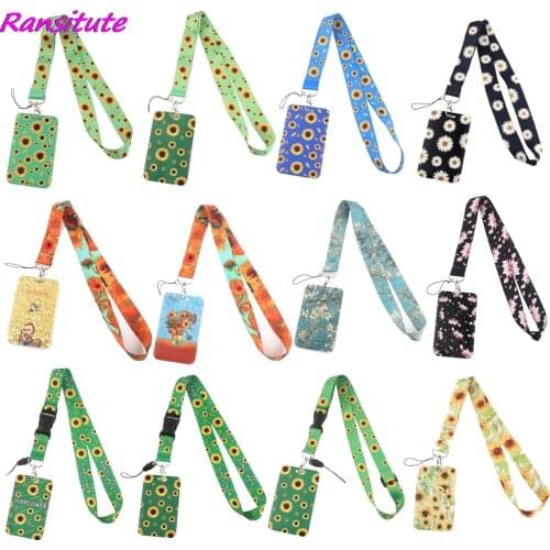 Ransitute R1594 Sunflower Hidden Disability Van Gogh Painting Art KeyChain Lanyard ID Name Work Card Holder Key Ring Holder Gift