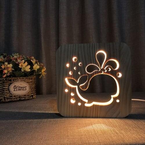 Cute Whale Modeling Wooden Hollow Carving LED Table Lamp For Kids Xmas Gift Bedroom Bedside Night Lights
