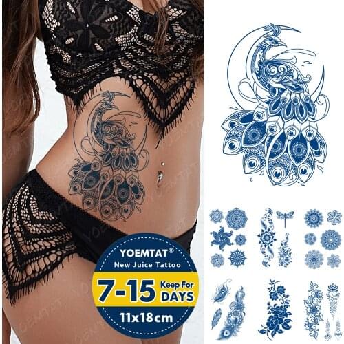 Juice Lasting Ink Tattoos Body Art Waterproof Temporary Tattoo Sticker Peacock Moon Feather Tatoo Arm Fake Henna Mehndi Tatto