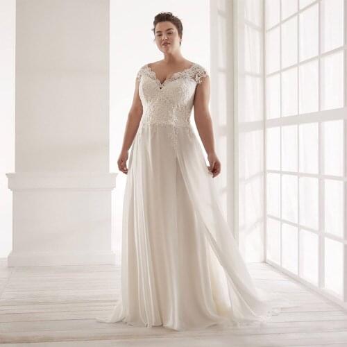 Wedding Dress Plus Size Bridal Gowns Cap Sleeve V Neck Back Zip Buttons Chiffon A Line Bride Dresses Vestido De Noiva