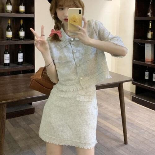 Vetement Femme 2021 Vintage Tweed 2 Piece Set Women Crop Top Short Jacket Coat + Mini Skirt Set Female Two Piece Skirt Suits