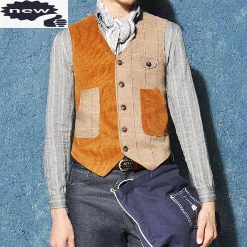 Vintage Mens Corduroy Vest Slim Fit Single Breasted Sleeveless Jacket Patchwork V Neck Man Vests Tops Casual Outwear Waistcoat