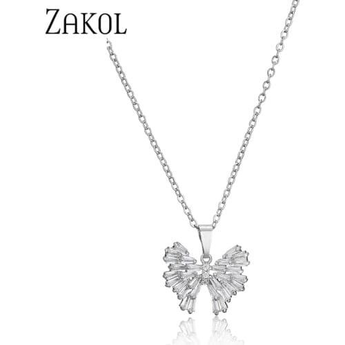 ZAKOL Brand New Popular Baguette Cubic Zirconia Butterfly Pendant Necklace for Women Fashion Winter Sweater Chain Party Jewelry