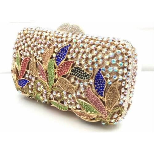 Women green leaf diamond Crystal Clutch Evening Bags Metal Hollow Box Minaudiere Handbag Bridal Purse Wedding Party Clutches