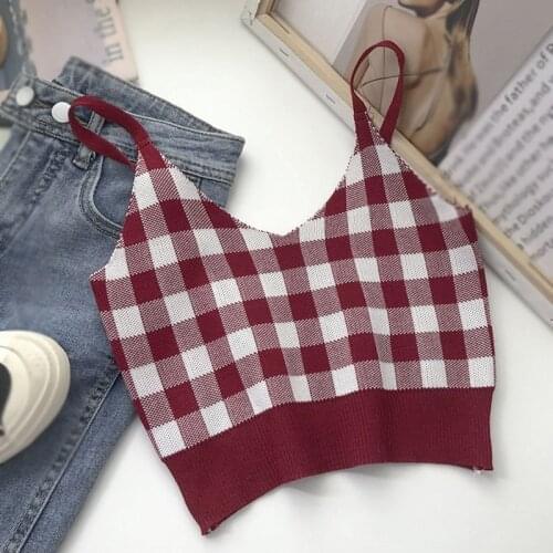 Womens Sexy V Neck Crop tops Bottoming Tops Sweet Plaid Pattern Knit Top Popular Camisole Cotton Slim Clothes