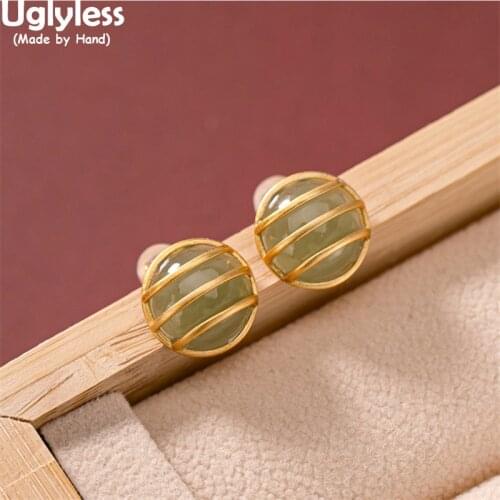 Uglyless Like Squeezed Honey Studs Earrings Women Simple Fashion Round Dress Jewelry Natural Jade Gemstones Earrings 925 Silver