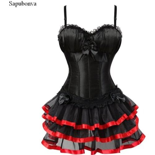 Sapubonva burlesque shoulder strap corsets dress with skirt costume striped floral lace dress corset bustier tank top for women