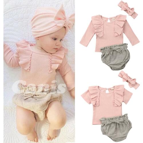 2 Style 0-18M Cute Baby Girl Boys Infant Clothes Sets Pink Ruffle Tops T-Shirt Shorts Briefs 3PCS Outfit Clothes Summer