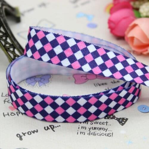 5/8 inch Free shipping Fold Over Elastic FOE plaid printed ribbon headband hair band diy decoration wholesale OEM B126