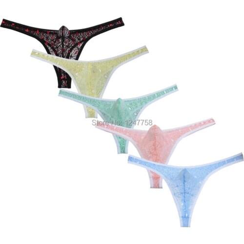 5Pcs/Lot Mens See Through Lace Bikini Thong Candy Colored Fun Lace T-back Underwear