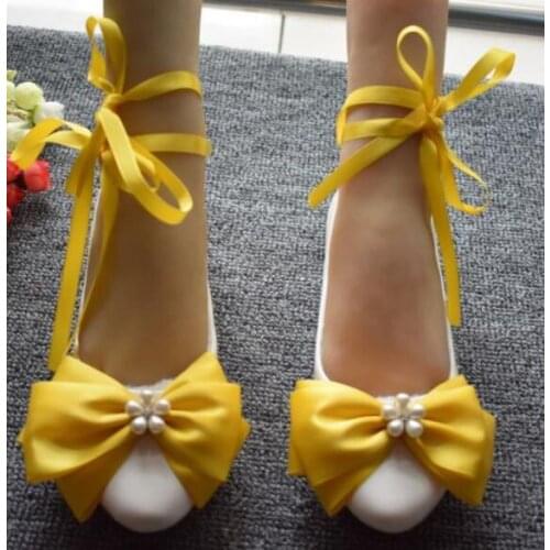 Satin Bow pearl shoes bride bridesmaid wedding shoes Princess banquet HS034 dinner party performance yellow dress shoes