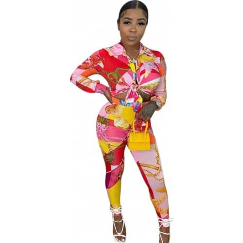Pant Suits Two Piece Set Women Full Sleeve Shirt Tops And Pencil Pants Fashion Print Street Style Casual Lounge Wear Set Outfits