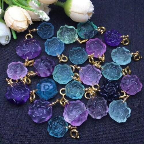 Healing Stone Natural Rainbow fluorite crystal carvings flower with hole for pendant DIY