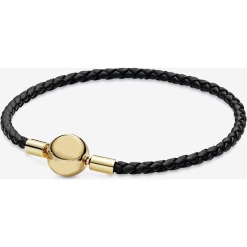 Moments Black Woven Leather Bracelet For DIY Charm Bead Jewelry Braided Rope Bracelets for Women Golden Round Clasp New Findings