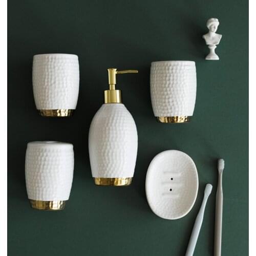 Ceramic Bathroom 5/piece Set Lotion Bottle/toothbrush Holder/mouthwash Cup/soap Dish/metal Storage Tray Home Bathroom Toiletries