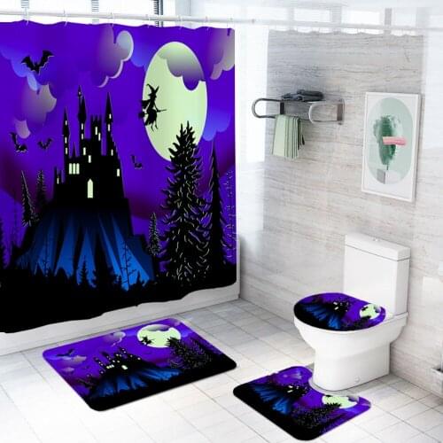 4 Pieces Sets Night Castle Ghost Shower Curtain Sets with Bath Rug Toilet Cover Floor Mat Waterproof Bath Curtain Holiday Decor
