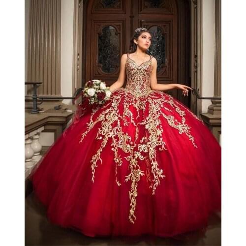 Vestido de 15 años 2020 Dark Red Quinceanera Dresses with Gold Lace Applique Sweet 16 Dress Tulle vestidos de xv años