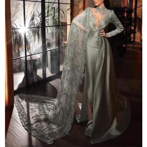 A-Line High Neck Floor-Length Lace Long Sleeve Sliver Celebrity Dresses With Beading Applique