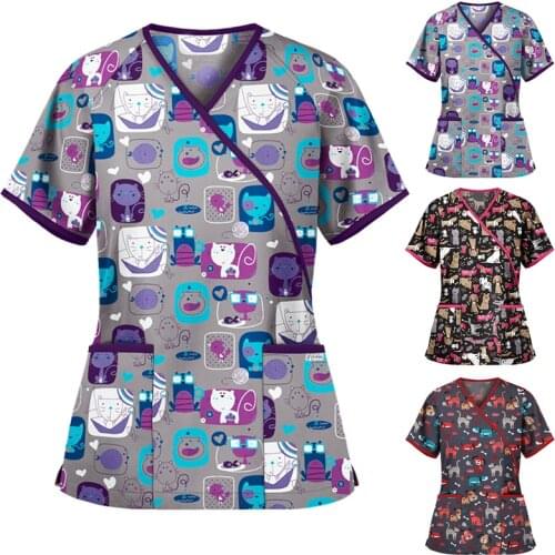 Nursing uniform scrubs for women Tops T Shirt Cartoon Print Casual Short Sleeve Women Scrubs Nurse V-neck Pocket Women Clothes