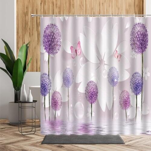 Purple Flower Pink Butterfly Bathroom Shower Curtain Floral Printed Bath Decors Accessories 3D Backdrop Fabric Creative Curtains