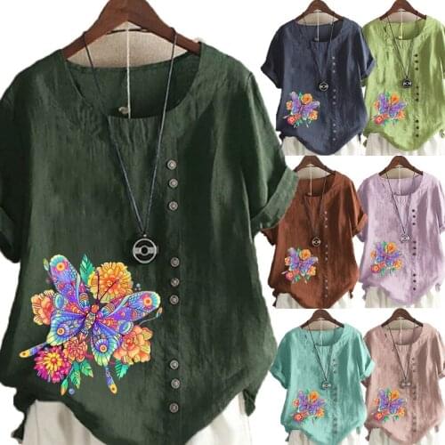 Womens New Fashion O-neck Butterfly Printed Short Sleeve Tops Loose Linen T-Shirt Casual Blouse S-5XL
