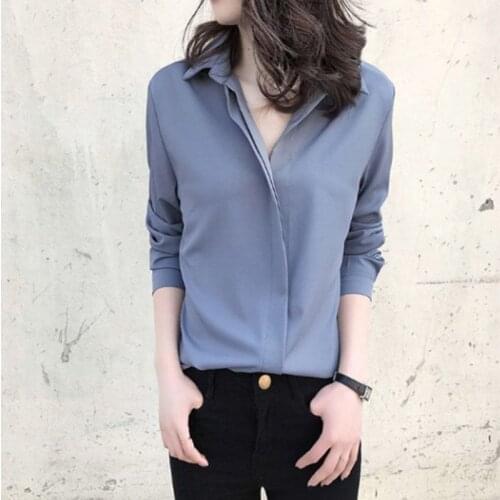 Spring and Summer Womens New Shirt Womens Long-Sleeved Loose Korean-Style Elegant V-neck Chiffon Solid Color Shirt
