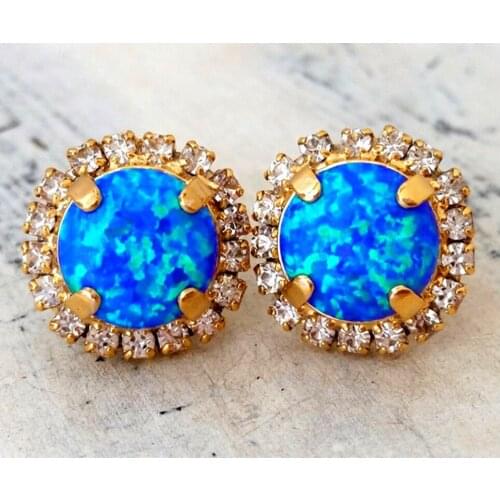 Female Luxury Blue Opal Stone Stud Earrings Charm Fashion Gold Color Earrings Cute Round White Zircon Wedding Earrings For Women