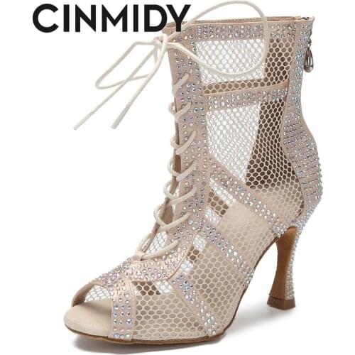 CINMIDY Blue Purple Fashion Sexy Dance Boots Latin Jazz Pole Dance Belly Dance Shoes Women Hollow Out Mesh High Heels