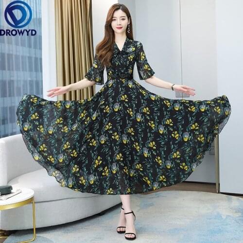 2021 Flowers Print Boho Beach Maxi Dress Summer Dress Women Short Sleeve V-neck Long Chiffon Dresses Big Swing Party Vestidos