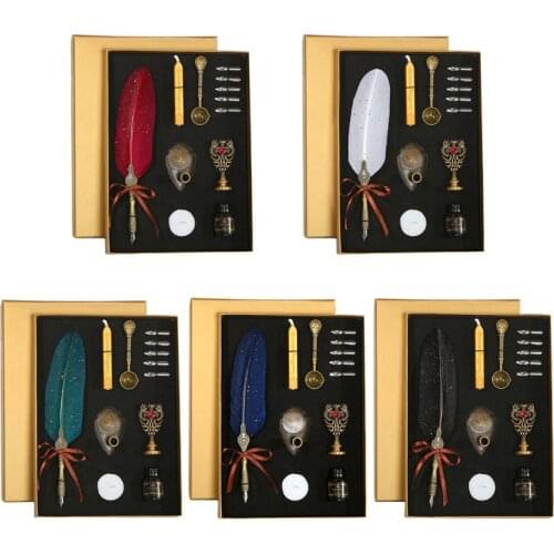 Sprinkle Gold Luxury Vintage Feather Quill Dip Calligraphy Fountain Pen Writing Ink 5 Nibs Set Stationery Gift Box