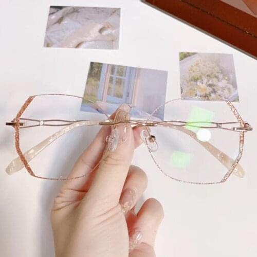 0~10.00 Square Optical Glasses Anti-blue Light Retro Net Red Cat Glasses Frame Frameless Diamond Trim Goggles Prescription