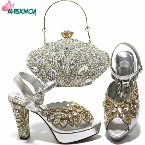 2021 High Quality Super High Heels Sandals Matching Evening Bag Decorate with Rhinestong Shoes for Wedding Party