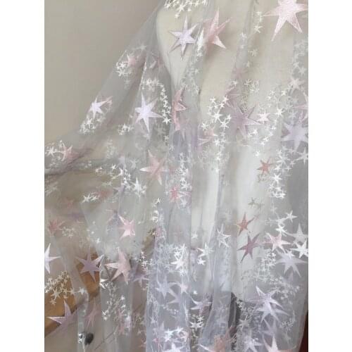 5 yards Exquisite Soft Gray Tulle Lace Fabric ,Pink Purple Star Floral Embroidery Metallic Bridal Gown Lace Fabric 140cm wide