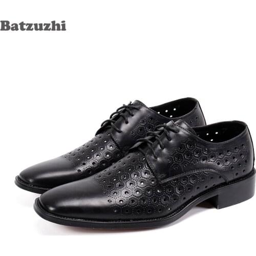 Batzuzhi New Mens Shoes Black Soft Genuine Leather Dress Shoes Men Lace-up Summer Hollow Leather Shoes Men Zapatos Hombre
