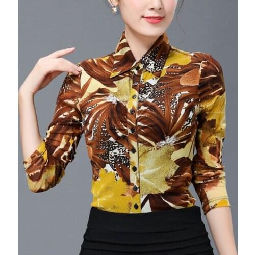 Spring Fall Office Lady Women Slim 3XL Full Sleeve Painted Stretch Mesh Blouse , Female Woman Casual Printed Blouses Shirts