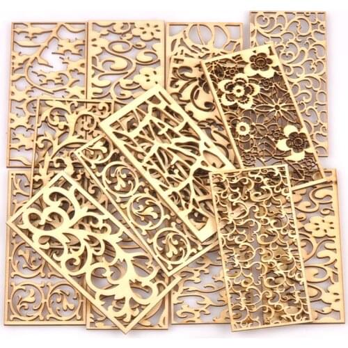 5Pcs/lot Natural Wood Decoration For DIY Scrapbook Crafts Hollow Rectangle Wooden Handmade Ornaments Home Embellishment m2559