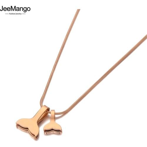 JeeMango Bohemia Rose Gold Double Fish Tail Charm Pendant Necklaces For Women Trendy Stainless Steel Animal Necklace JN20170