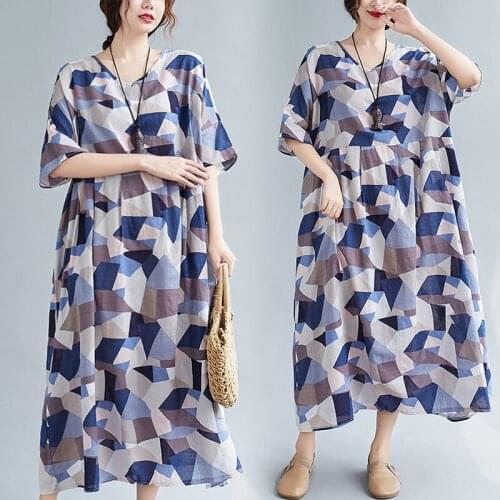 Summer Vintage Korea Boho Midi Women Dresses 2021 Loose Plus Size Print Cotton Linen Maxi Sundress Elegant Bodycon Party Vestido