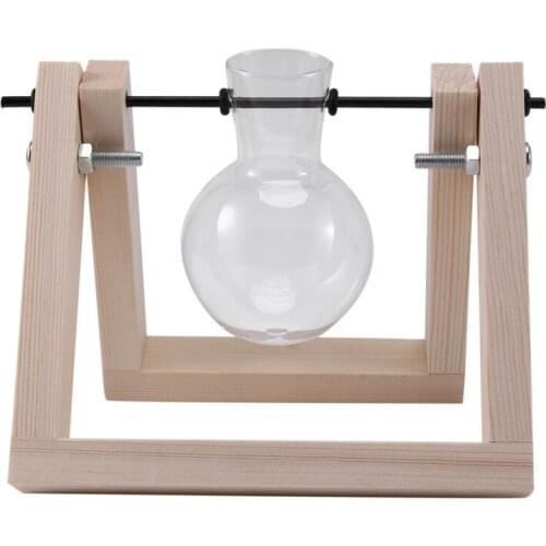 Desktop Glass Planter Bulb Vase with Retro Solid Wooden Stand and Metal Swivel Holder for Hydroponics Plants Home